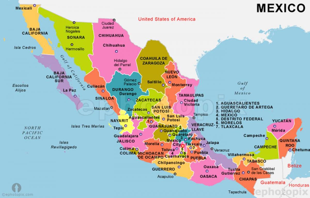 المكسيك خريطة مع الدول والعواصم
